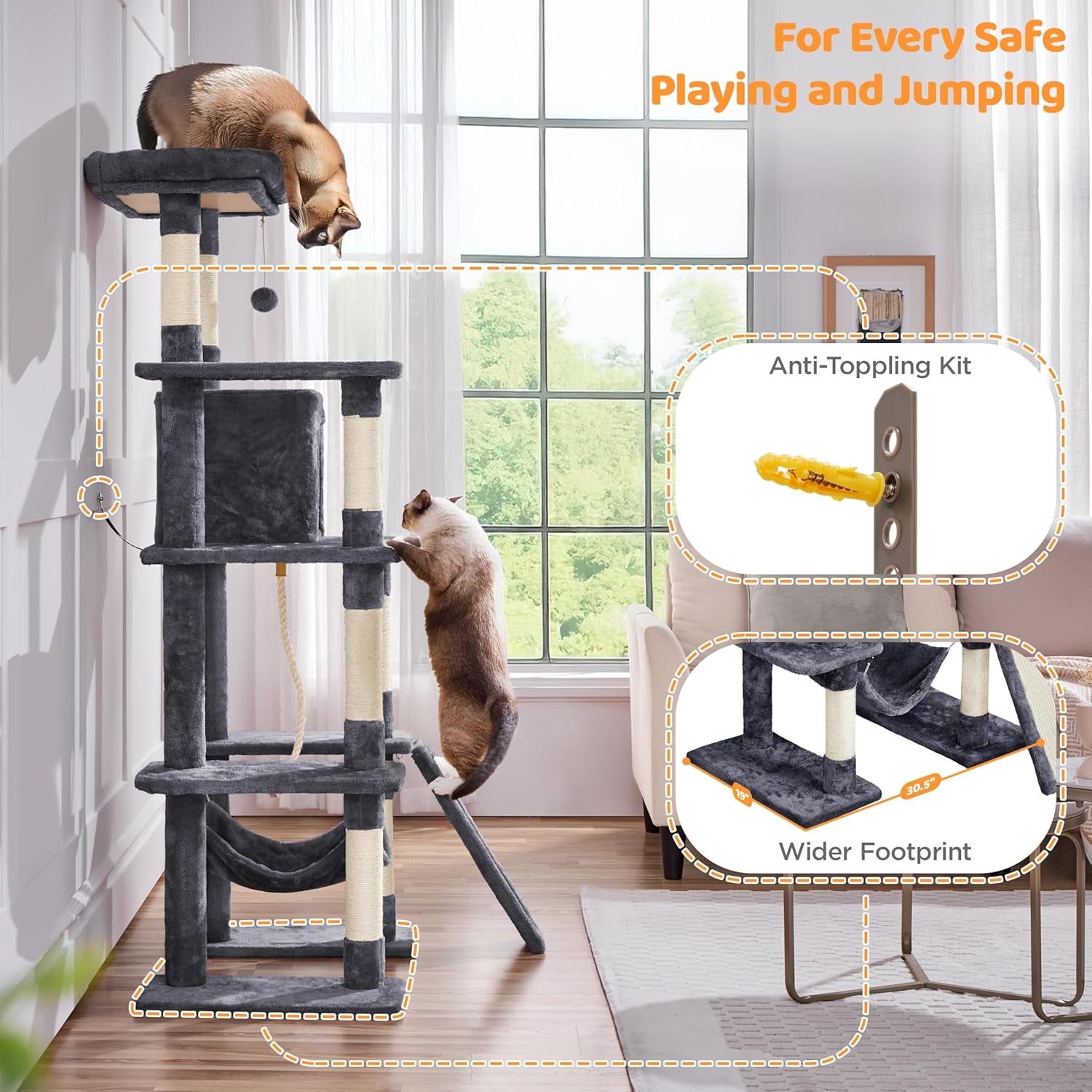 Yaheetech 63" Large Cat Tree for Large Cats up to 22 lbs - Sturdy Cat Tower with Condo, Hammock & Scratching Posts, Multi-Level Space-Saving Kitty Activity Center