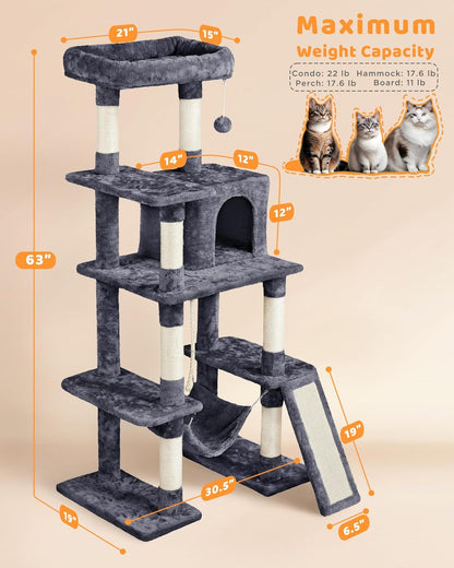 Yaheetech 63" Large Cat Tree for Large Cats up to 22 lbs - Sturdy Cat Tower with Condo, Hammock & Scratching Posts, Multi-Level Space-Saving Kitty Activity Center