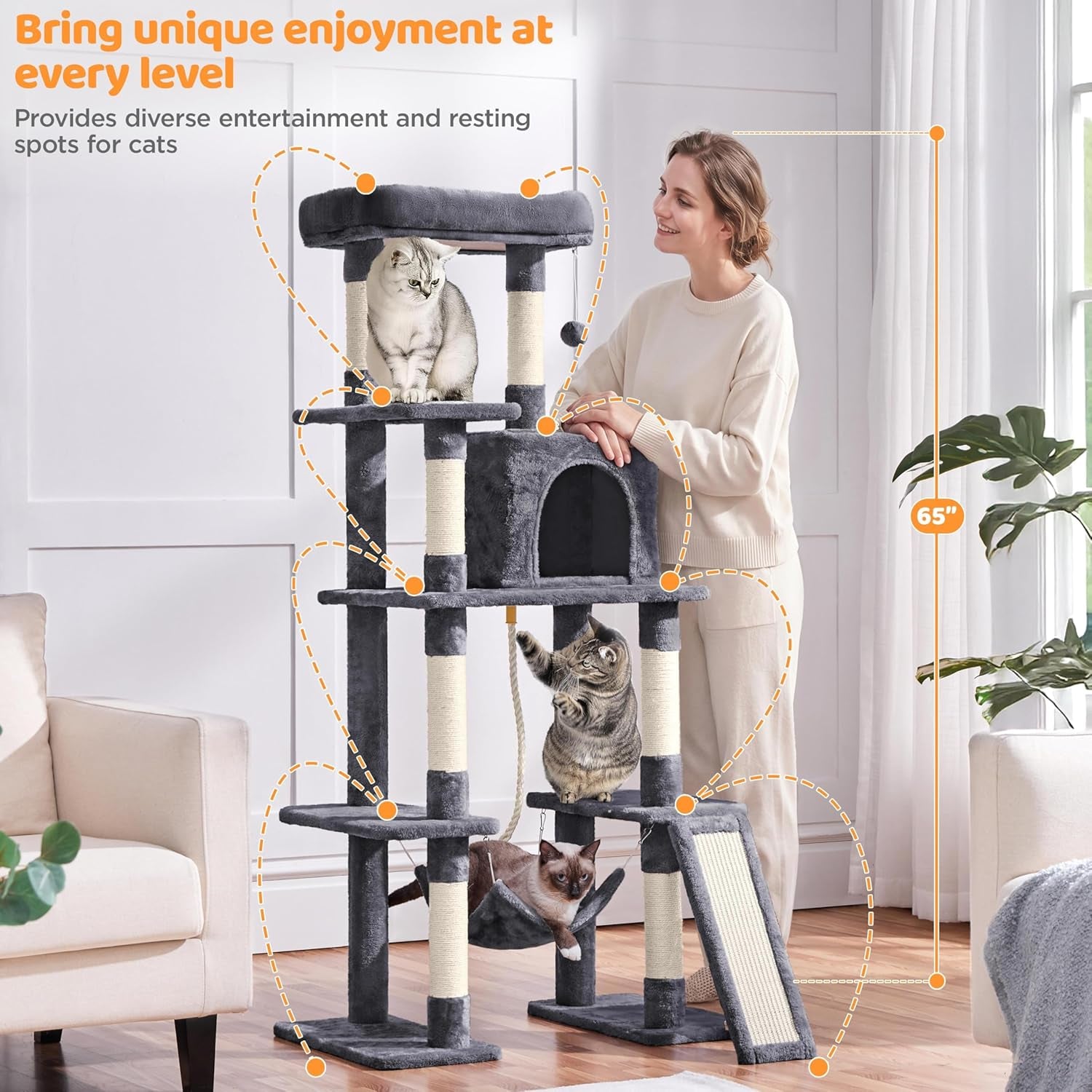 Yaheetech 63" Large Cat Tree for Large Cats up to 22 lbs - Sturdy Cat Tower with Condo, Hammock & Scratching Posts, Multi-Level Space-Saving Kitty Activity Center